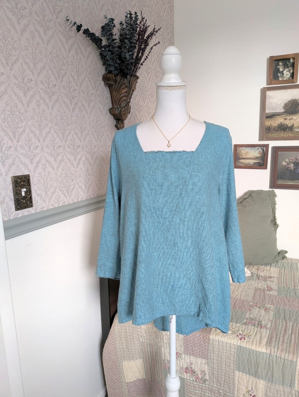 Cut Loose Blue Teal Linen Cotton Swing Top Size M Raw Edge Square Neck Made USA